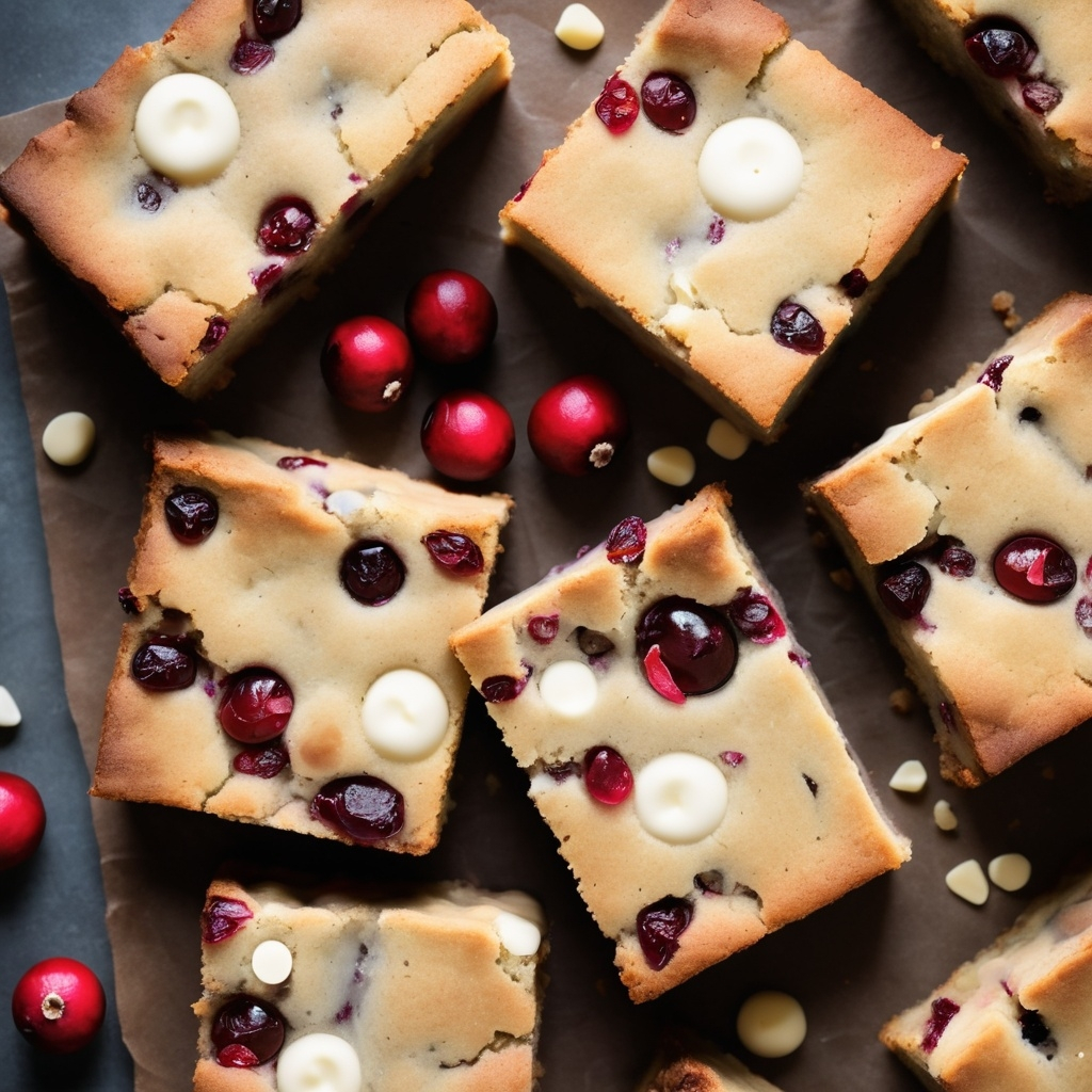 Squares of cranberry and white chocolate blondies on a dark surface, surrounded by fresh cranberries