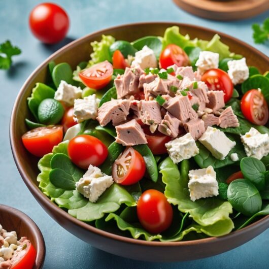 Tuna and Feta Spinach Salad with Fresh Mint Dressing