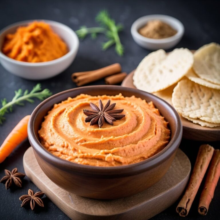 A bowl of creamy carrot dip garnished with a star anise, surrounded by fresh carrots, cinnamon sticks, star anise, and crispy crackers on a dark background.