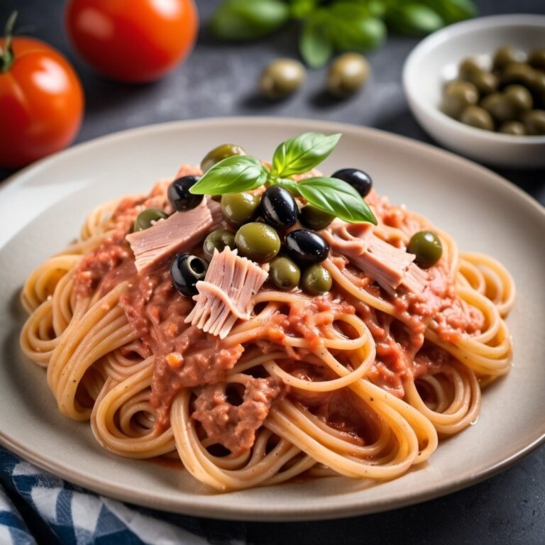 A plate of pasta with creamy tomato sauce, topped with chunks of tuna, black and green olives, and garnished with fresh basil leaves.