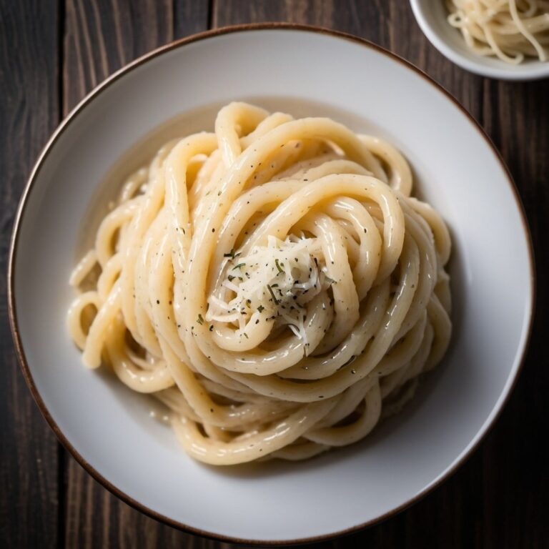 A bowl of Cacio e Pepe pasta with thick spaghetti, covered in a creamy cheese and black pepper sauce, garnished with grated cheese and black pepper, on a wooden table.