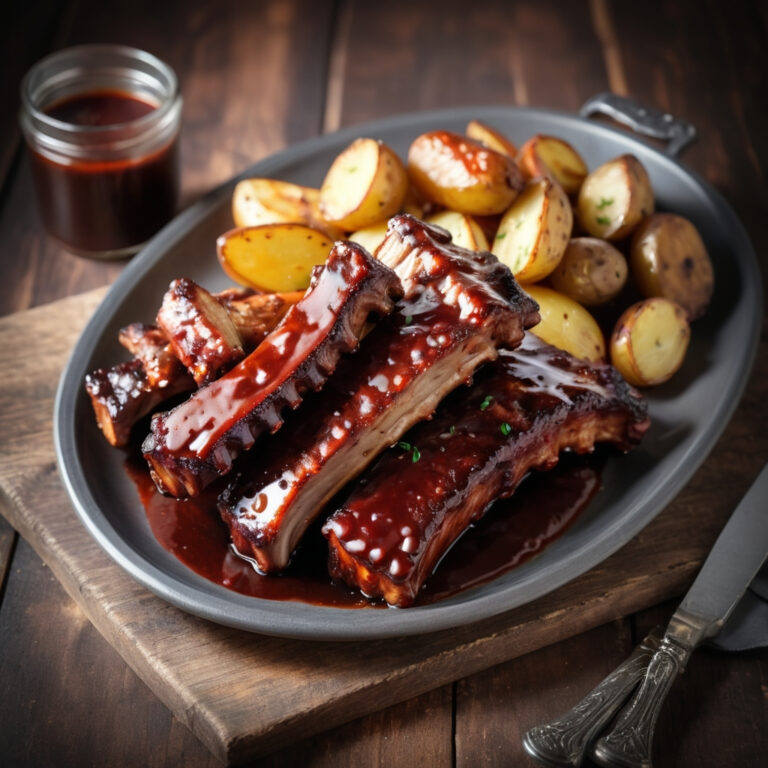 Plate of BBQ sauce glazed pork ribs with roasted baby potatoes and a jar of extra BBQ sauce in the background.