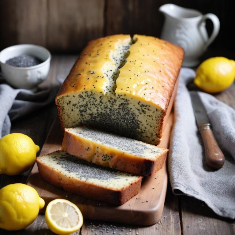 Freshly baked lemon and poppy seed cake with a light glaze, accompanied by fresh lemons and a bowl of poppy seeds.