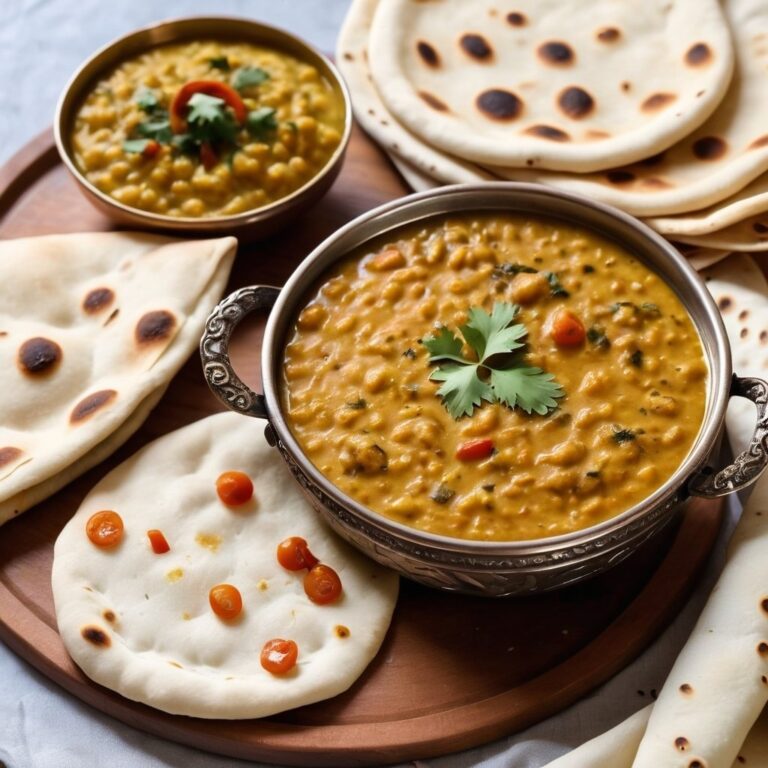 Bowl of creamy red lentil dal garnished with cilantro, surrounded by pieces of freshly baked naan bread.