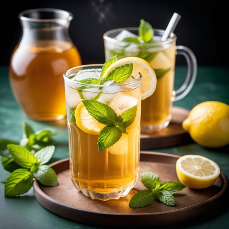 Two glasses of mojito-inspired iced green tea with fresh mint leaves and lemon slices, surrounded by fresh mint sprigs and lemons, with a jug of iced tea in the background.